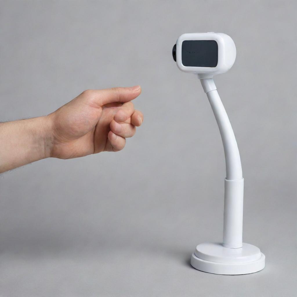 Design a humorous gadget with a retractable arm. This innovative device is intended to gently and politely nudge individuals out of the user's path.