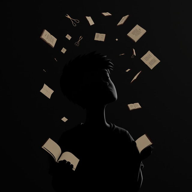 A 3D silhouette of a sad male student being bullied, depicted against a subtly textured black background that isn't too stark