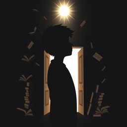 A 3D silhouette of a sad male student being bullied, set against a dark but not overly black background