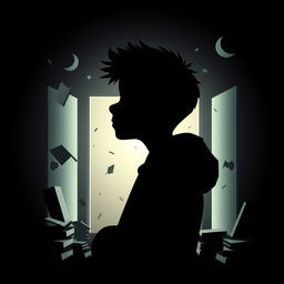 A 3D silhouette of a sad male student being bullied, set against a dark but not overly black background