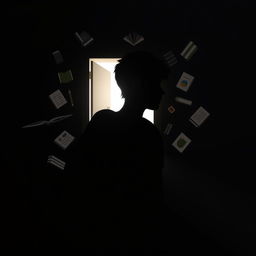 A 3D silhouette of a sad male student being bullied, set against a dark but not overly black background