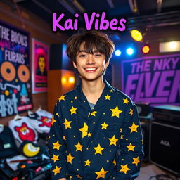 Kai is wearing his cute star pajamas, featuring a navy blue background adorned with bright, cartoonish stars and a few smiling moons