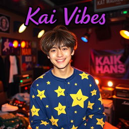 Kai is wearing his cute star pajamas, featuring a navy blue background adorned with bright, cartoonish stars and a few smiling moons