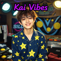 Kai is wearing his cute star pajamas, featuring a navy blue background adorned with bright, cartoonish stars and a few smiling moons