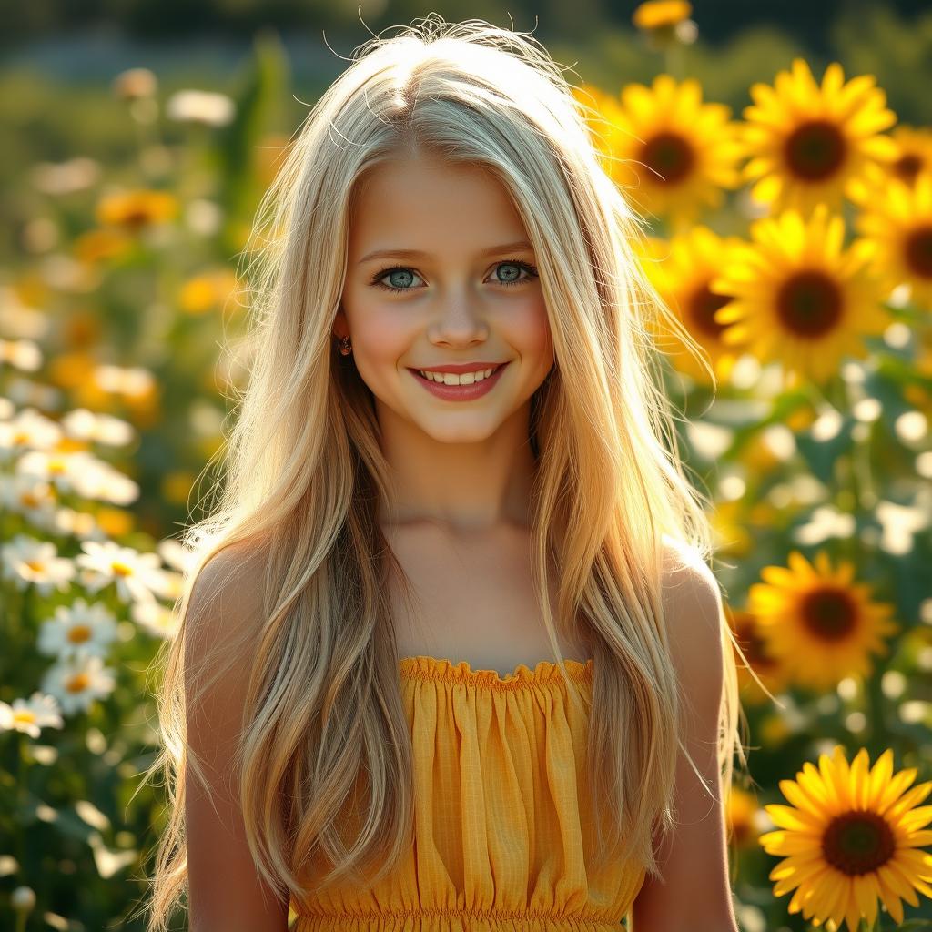 A stunning blonde girl with long, flowing hair, bright blue eyes, and a radiant smile