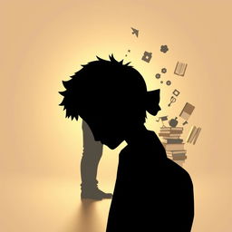 A 3D silhouette of a sad male student being bullied, with a contrasting bright background illustrating a teacher as a source of enlightenment