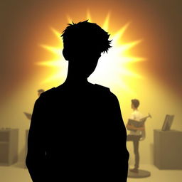 A 3D silhouette of a sad male student being bullied, with a contrasting bright background illustrating a teacher as a source of enlightenment