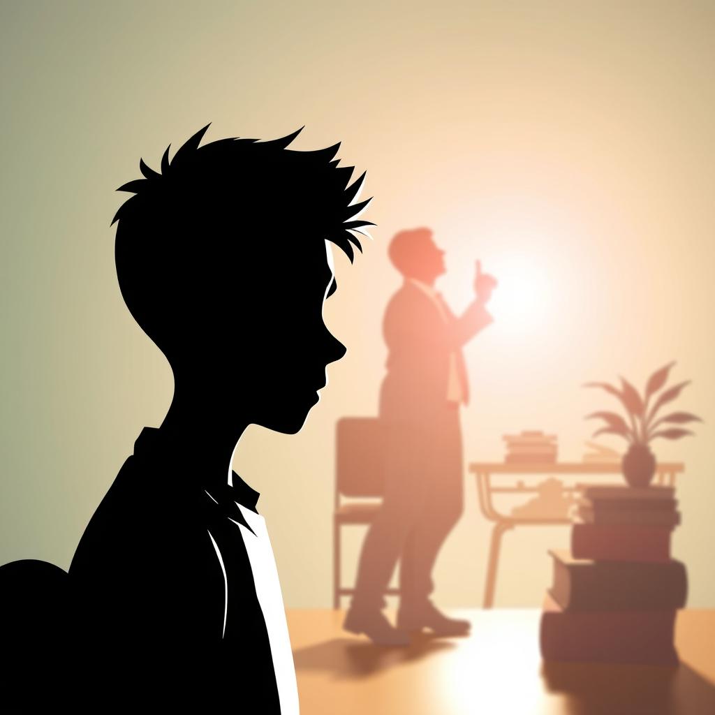 A 3D silhouette of a sad male student being bullied, with a contrasting bright background illustrating a teacher as a source of enlightenment