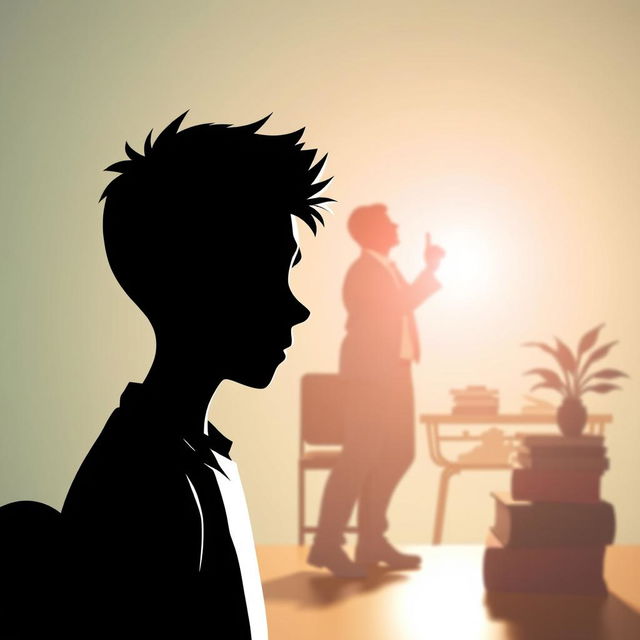 A 3D silhouette of a sad male student being bullied, with a contrasting bright background illustrating a teacher as a source of enlightenment