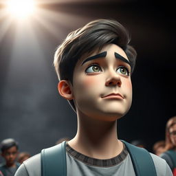 A 3D render of a sad male student being bullied, set against a contrasting background