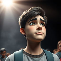 A 3D render of a sad male student being bullied, set against a contrasting background