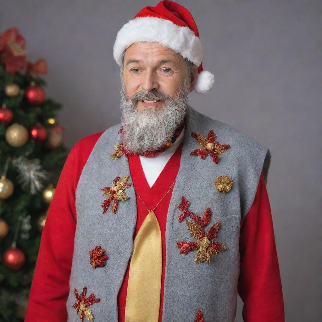 A man imbued with the spirit of Christmas, wearing gray, red, and gold themed clothes and accessories.