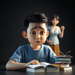 A 3D representation of a sad Indonesian male student being bullied, contrasted by a bright and supportive teacher who symbolizes hope