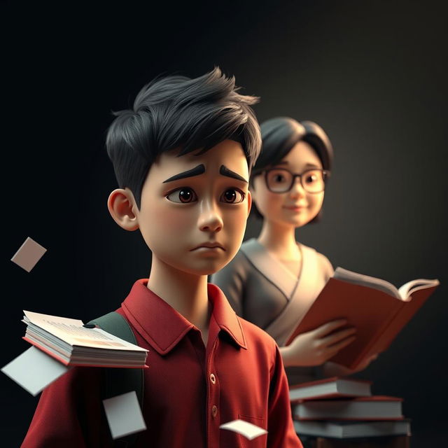 A 3D representation of a sad Indonesian male student being bullied, contrasted by a bright and supportive teacher who symbolizes hope