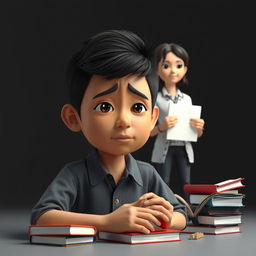 A 3D representation of a sad Indonesian male student being bullied, contrasted by a bright and supportive teacher who symbolizes hope