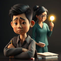 A 3D representation of a sad Indonesian male student being bullied, contrasted by a bright and supportive teacher who symbolizes hope