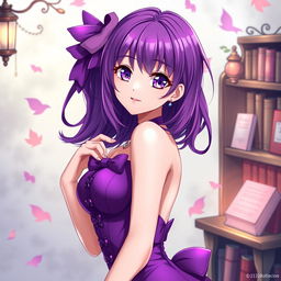 A beautiful purple-haired waifu with striking violet eyes, dressed in a seductive purple outfit, posing elegantly as if she were Monika from Doki Doki Literature Club