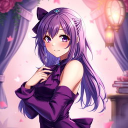 A beautiful purple-haired waifu with striking violet eyes, dressed in a seductive purple outfit, posing elegantly as if she were Monika from Doki Doki Literature Club