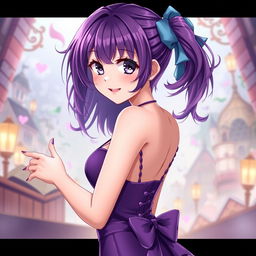 A beautiful purple-haired waifu with striking violet eyes, dressed in a seductive purple outfit, posing elegantly as if she were Monika from Doki Doki Literature Club