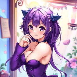 A beautiful purple-haired waifu with striking violet eyes, dressed in a seductive purple outfit, posing elegantly as if she were Monika from Doki Doki Literature Club