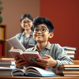 A 3D-rendered image of a confident Indonesian male junior high school student with a positive demeanor, engaging in literacy activities surrounded by books