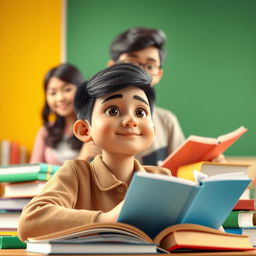 A 3D-rendered image of a confident Indonesian male junior high school student with a positive demeanor, engaging in literacy activities surrounded by books