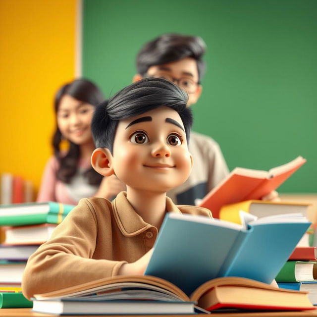 A 3D-rendered image of a confident Indonesian male junior high school student with a positive demeanor, engaging in literacy activities surrounded by books