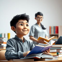 A 3D-rendered image of a confident Indonesian male junior high school student with a positive demeanor, engaging in literacy activities surrounded by books