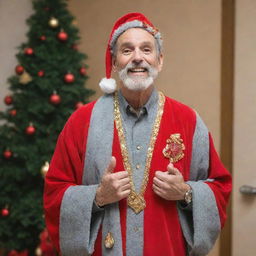 A man imbued with the spirit of Christmas, wearing gray, red, and gold themed clothes and accessories.