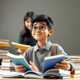 A 3D-rendered image of a confident Indonesian male junior high school student with a positive demeanor, engaging in literacy activities surrounded by books