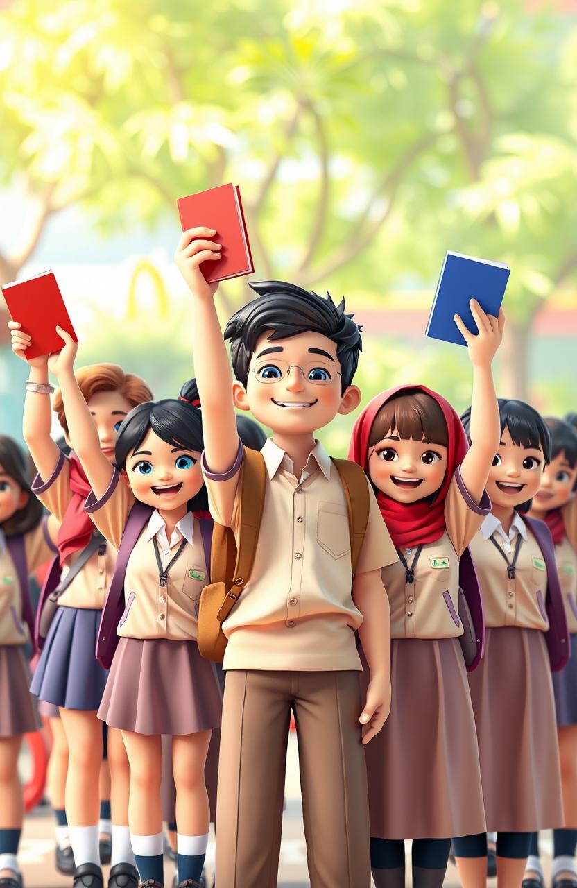 A 3D illustration of a confident male teacher and a group of Indonesian junior high school students dressed in their school uniforms, standing together with books raised high in a defiant stance against bullying