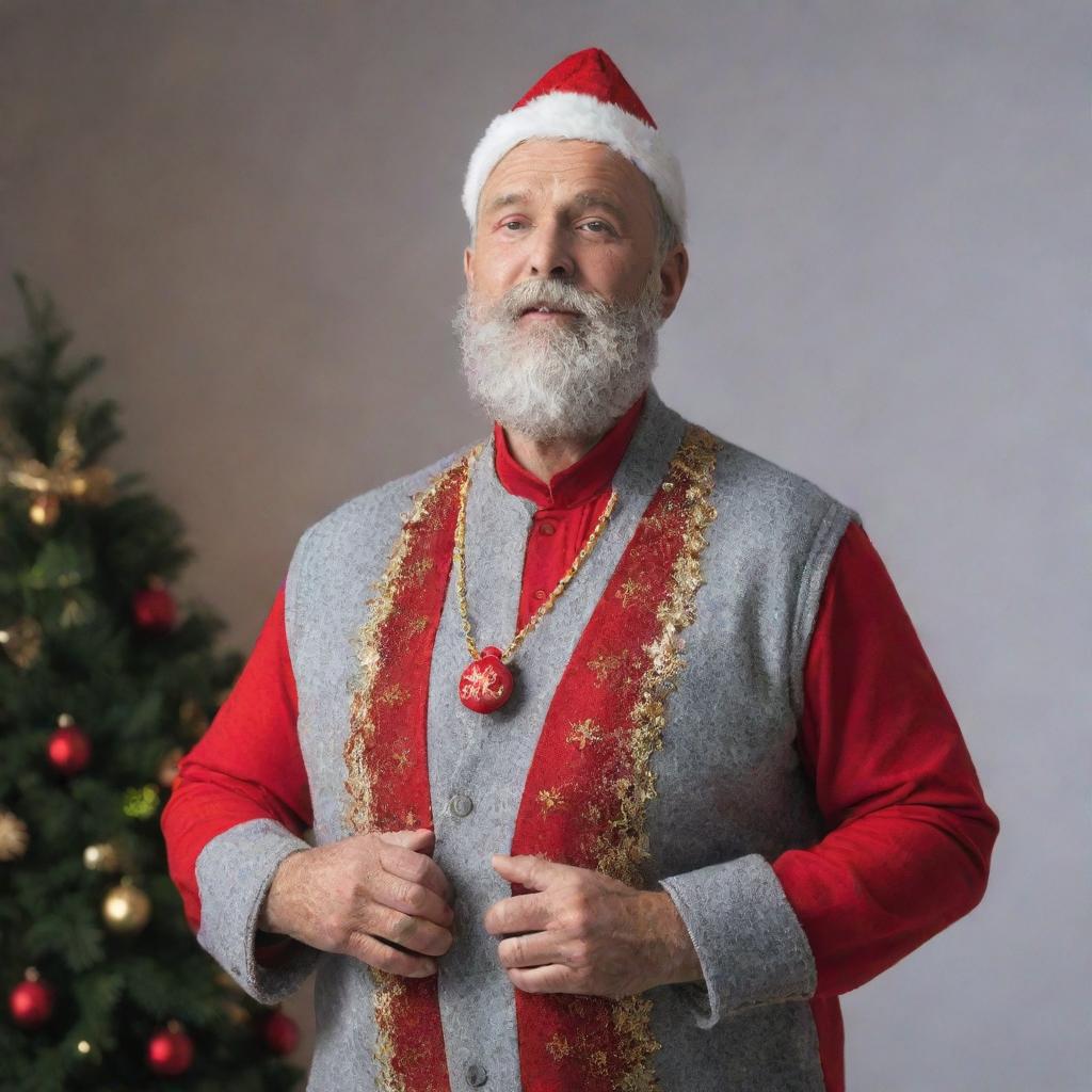 A man imbued with the spirit of Christmas, wearing gray, red, and gold themed clothes and accessories.