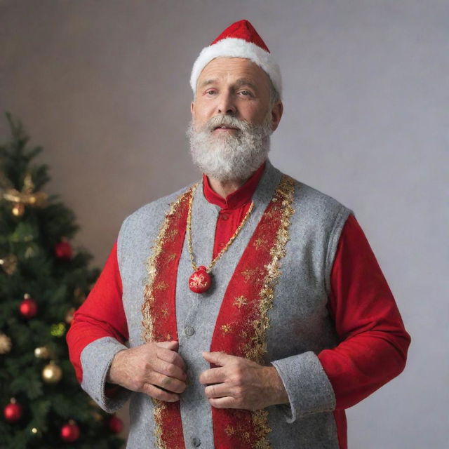 A man imbued with the spirit of Christmas, wearing gray, red, and gold themed clothes and accessories.