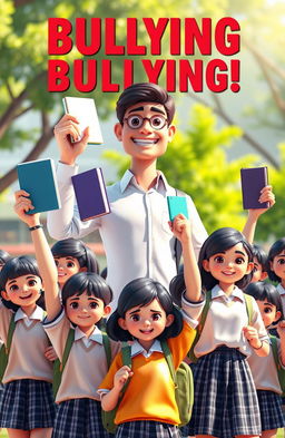 A 3D illustration of a confident male teacher and a group of Indonesian junior high school students dressed in their school uniforms, standing together with books raised high in a defiant stance against bullying