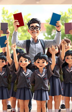 A 3D illustration of a confident male teacher and a group of Indonesian junior high school students dressed in their school uniforms, standing together with books raised high in a defiant stance against bullying