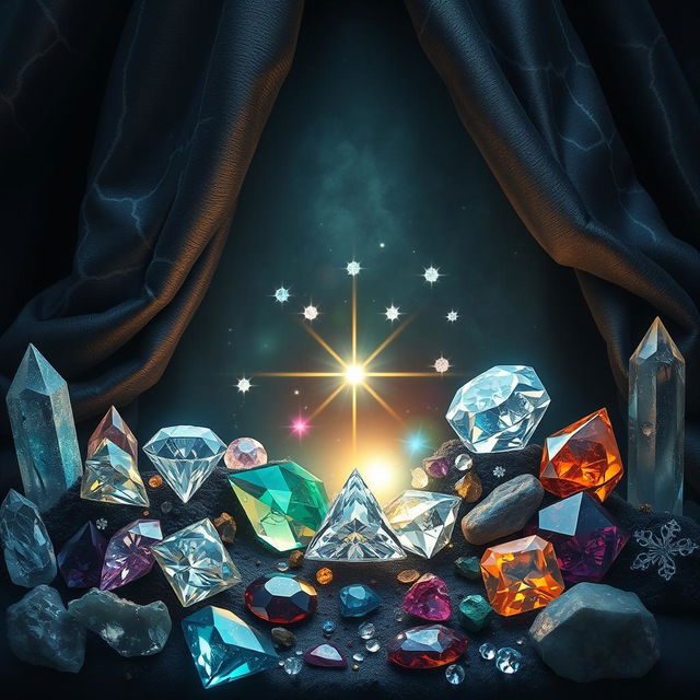 A captivating fantasy image showcasing a mystical scene filled with diamonds, precious stones, and crystals