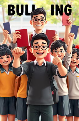 A 3D illustration of a confident male teacher and a group of Indonesian junior high school students dressed in their school uniforms, standing together with books raised high in a defiant stance against bullying