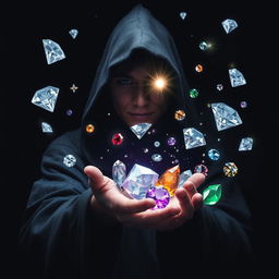 A mesmerizing fantasy scene depicting the power of controlling and connecting with diamonds, precious stones, and crystals