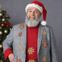 A man imbued with the spirit of Christmas, wearing gray, red, and gold themed clothes and accessories.