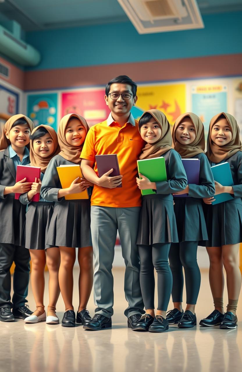 A 3D image of Indonesian middle school students wearing their school uniforms, standing together confidently alongside an optimistic male teacher