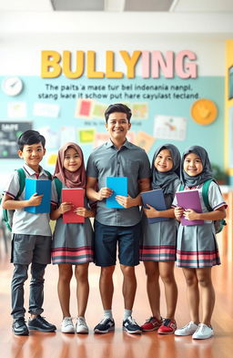 A 3D image of Indonesian middle school students wearing their school uniforms, standing together confidently alongside an optimistic male teacher