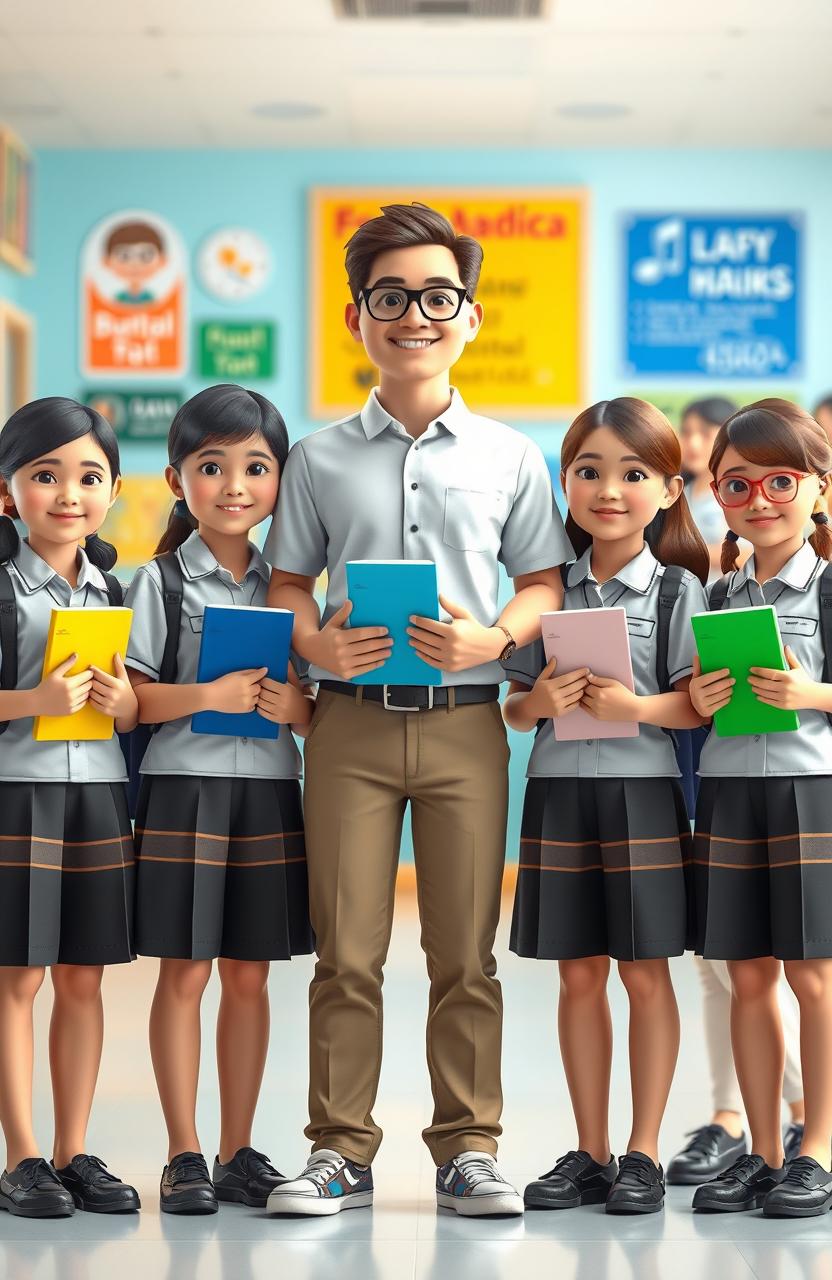 A 3D image of Indonesian middle school students wearing their school uniforms, standing together confidently alongside an optimistic male teacher