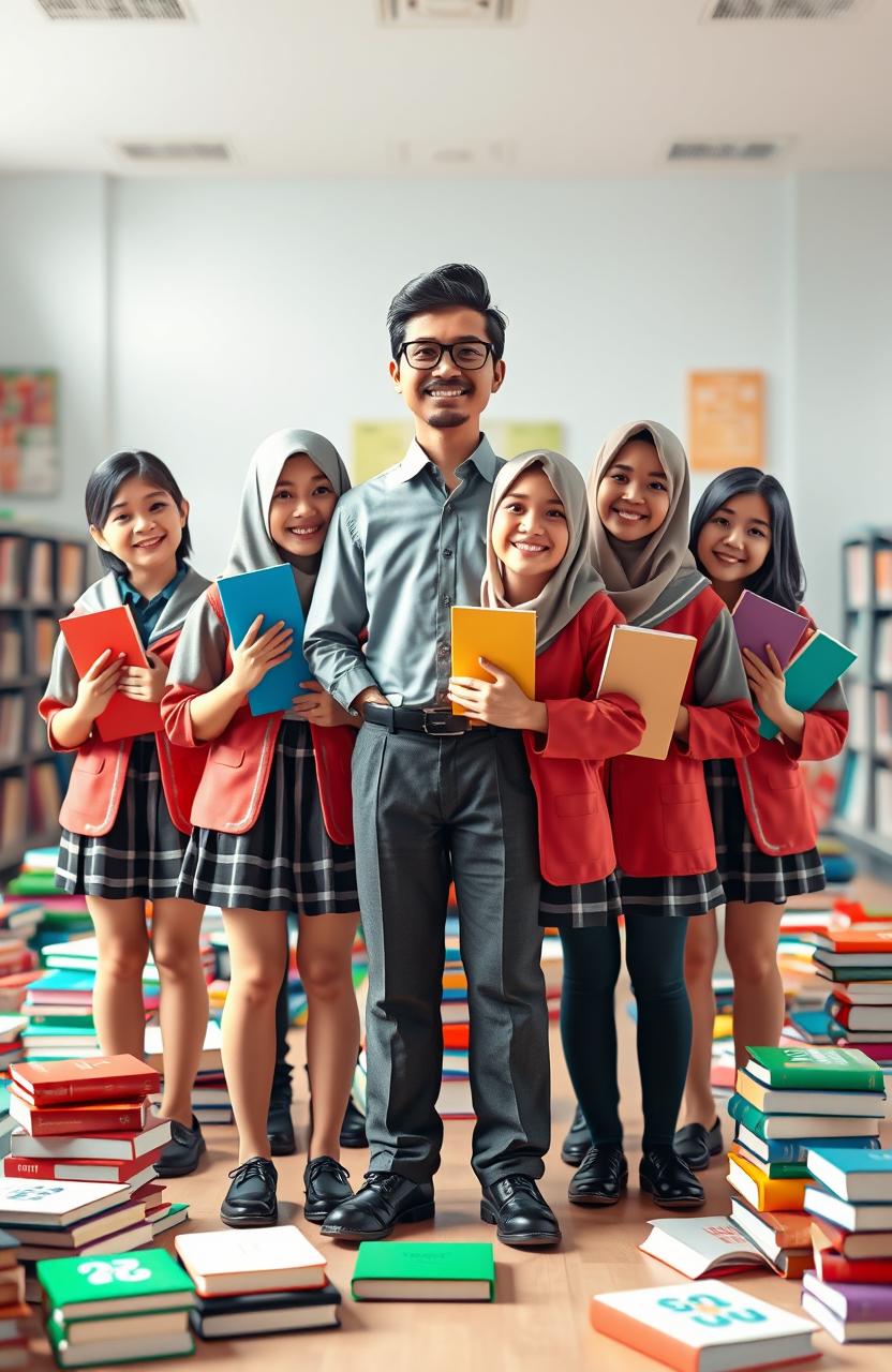 A 3D image depicting a group of Indonesian middle school students in their school uniforms, standing together confidently alongside a male teacher who exudes optimism and self-assurance