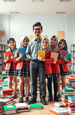 A 3D image depicting a group of Indonesian middle school students in their school uniforms, standing together confidently alongside a male teacher who exudes optimism and self-assurance