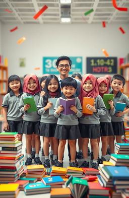 A 3D image depicting a group of Indonesian middle school students in their school uniforms, standing together confidently alongside a male teacher who exudes optimism and self-assurance