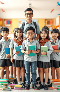 A 3D image depicting a group of Indonesian middle school students in their school uniforms, standing together confidently alongside a male teacher who exudes optimism and self-assurance