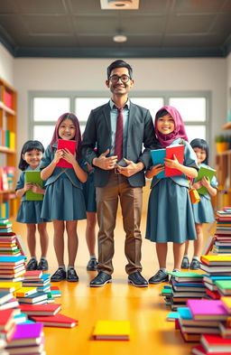 A 3D image depicting a group of Indonesian middle school students in their school uniforms, standing together confidently alongside a male teacher who exudes optimism and self-assurance