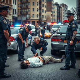 A dramatic scene on a city street featuring a person lying on the ground in a distressed state, surrounded by several police officers in uniform