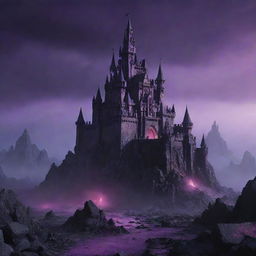 A vast, imposing castle shrouded in purple hues under a night sky. The structure presents a semi-realistic, game asset anime style, prominently featuring cracked stones with a volcanic lava floor and enveloped in swathes of purple fog evoking a dark, evil ambiance.