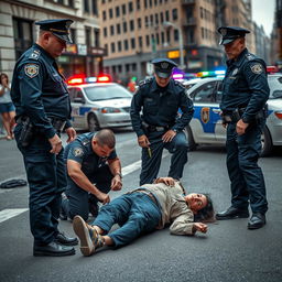 A dramatic scene on a city street featuring a person lying on the ground in a distressed state, surrounded by several police officers in uniform